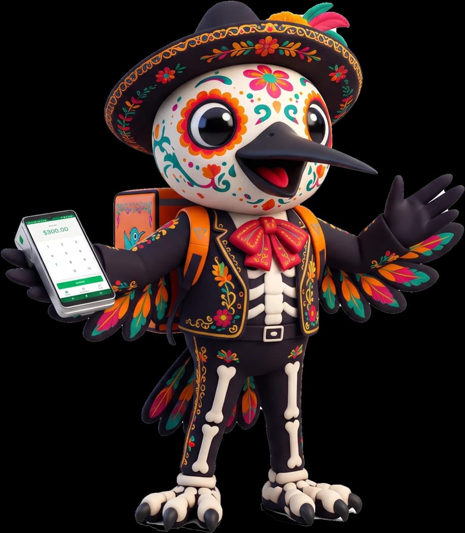 Coly, la mascota de Colivery, vestido de catrín con una terminal de cobro